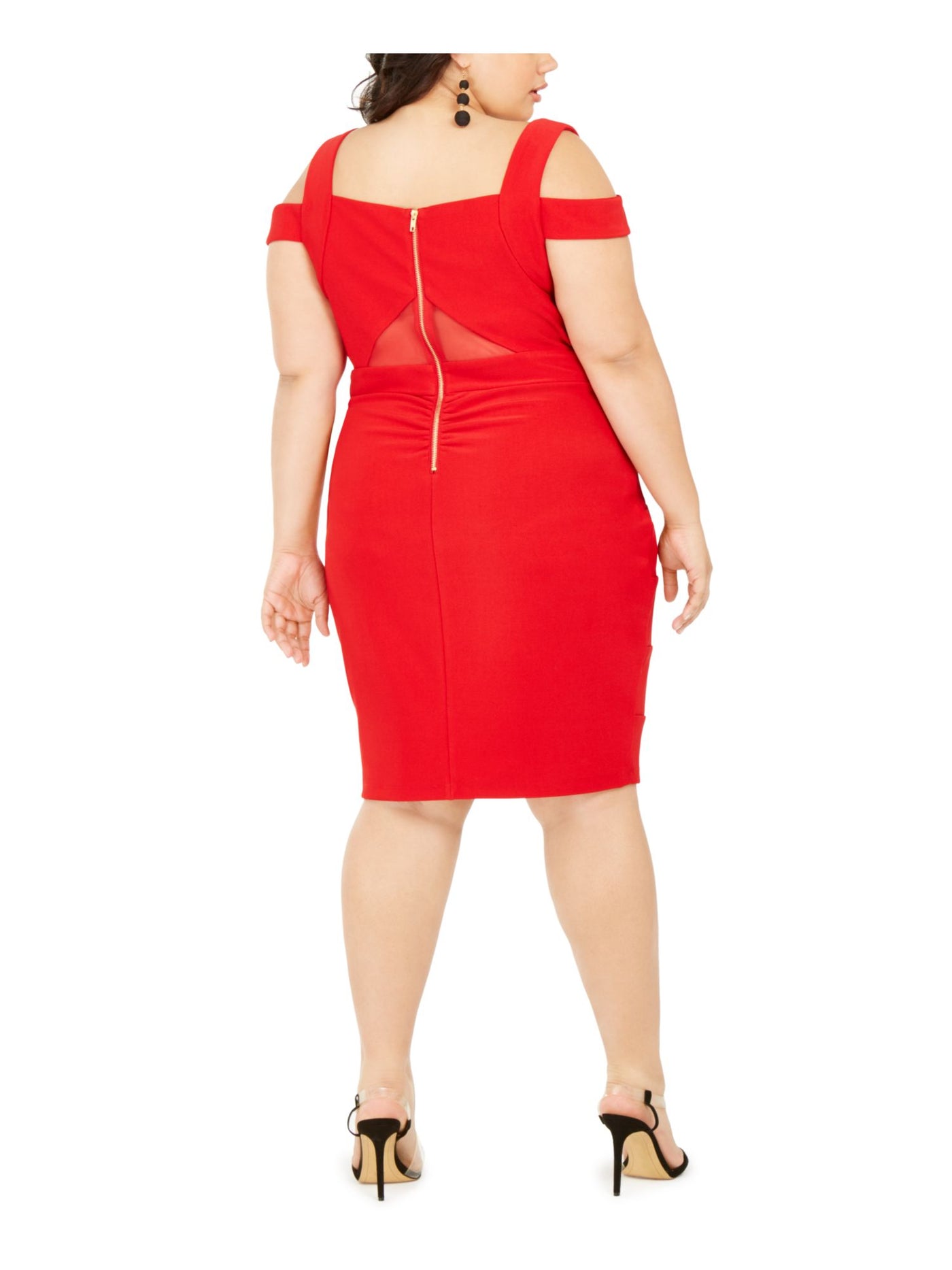 EMERALD SUNDAE Womens Red Cold Shoulder Cut Out Sleeveless Sweetheart Neckline Below The Knee Cocktail Body Con Dress Plus 1X