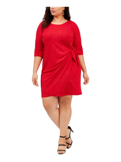 SIGNATURE BY ROBBIE BEE Womens Red 3/4 Sleeve Jewel Neck Above The Knee Party Sheath Dress Plus 2X