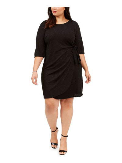 SIGNATURE BY ROBBIE BEE Womens Black Glitter Tie Sarong 3/4 Sleeve Scoop Neck Above The Knee Party Dress Plus 1X