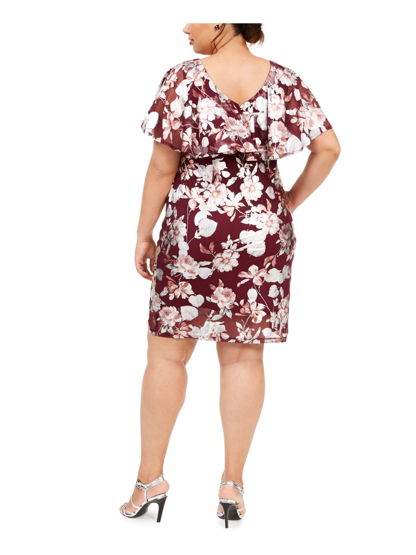 CONNECTED APPAREL Womens Burgundy Cape Overlay Floral Sleeveless V Neck Above The Knee Evening Sheath Dress Plus 20W