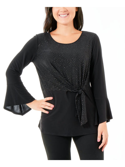 NY COLLECTION Womens Black Embellished Bell Sleeve Scoop Neck Top Petites PS