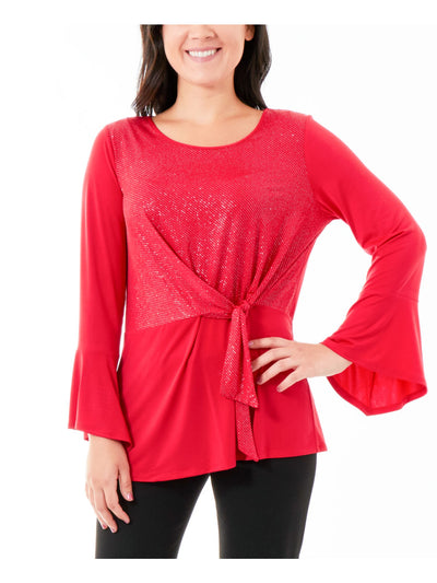 NY COLLECTION Womens Embellished Bell Sleeve Scoop Neck Top
