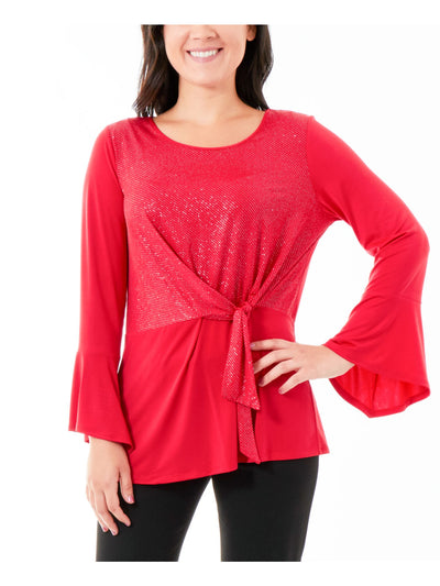 NY COLLECTION Womens Red Embellished Bell Sleeve Scoop Neck Top Petites PXS