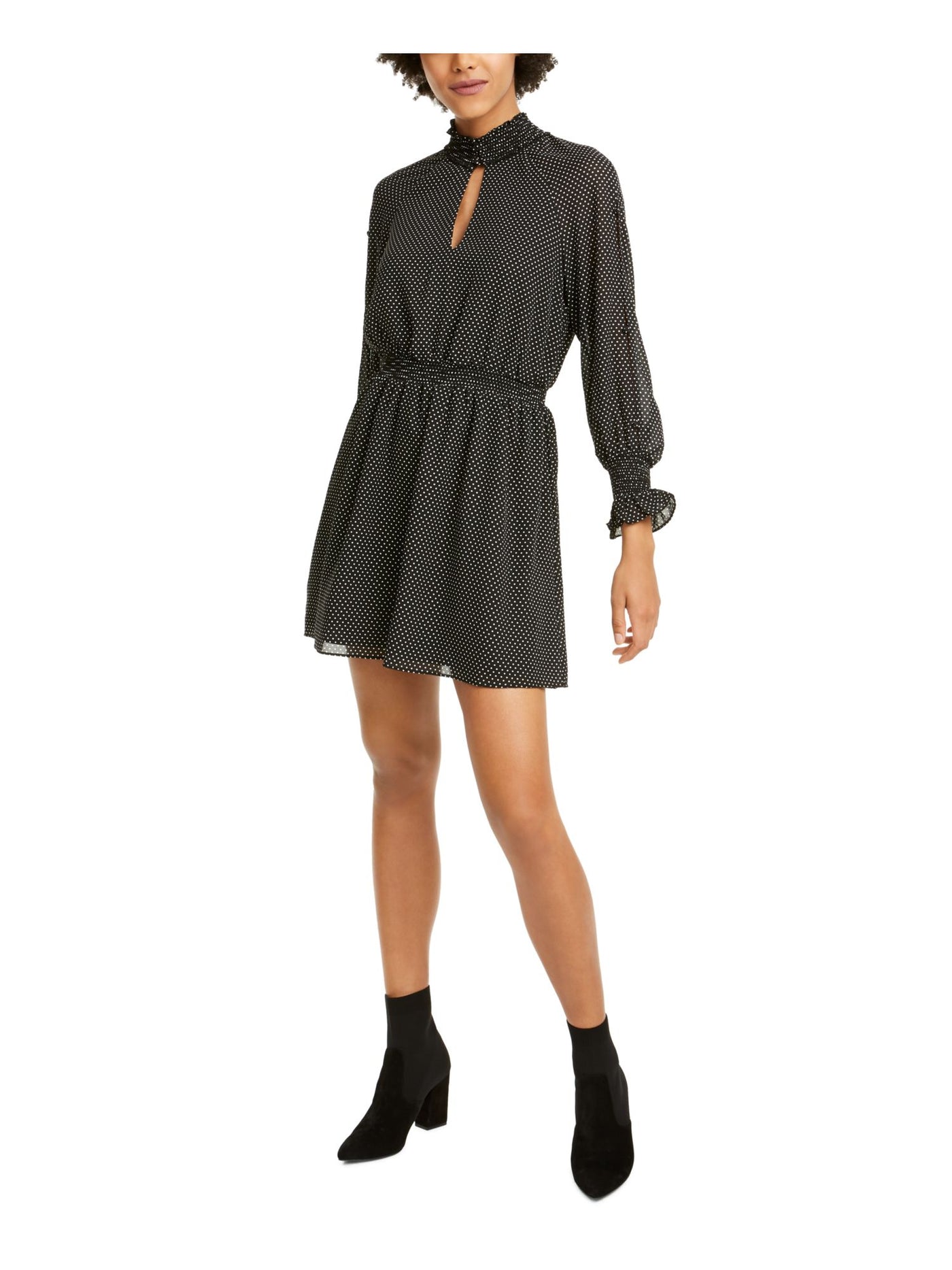 RACHEL ROY Womens Black Polka Dot Long Sleeve Keyhole Short Fit + Flare Dress XS