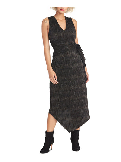 RACHEL RACHEL ROY Womens Black Glitter Pinstripe Sleeveless V Neck Tea-Length Party Shift Dress L