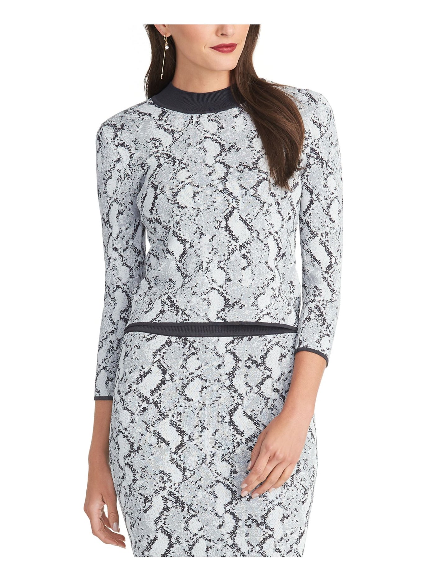 RACHEL ROY Womens Gray Open Back Printed Long Sleeve Jewel Neck Top Size: L