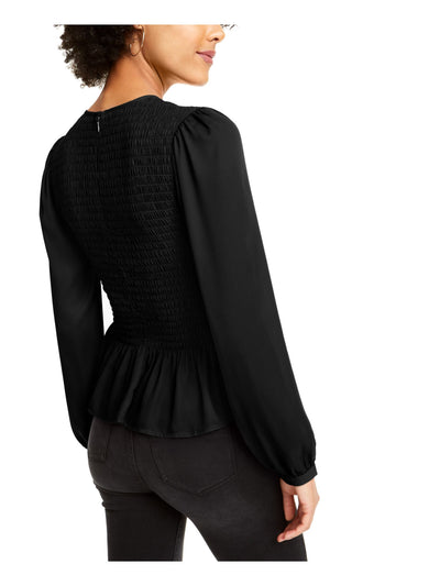 LEYDEN Womens Black Textured Long Sleeve Jewel Neck Wear To Work Peplum Top M