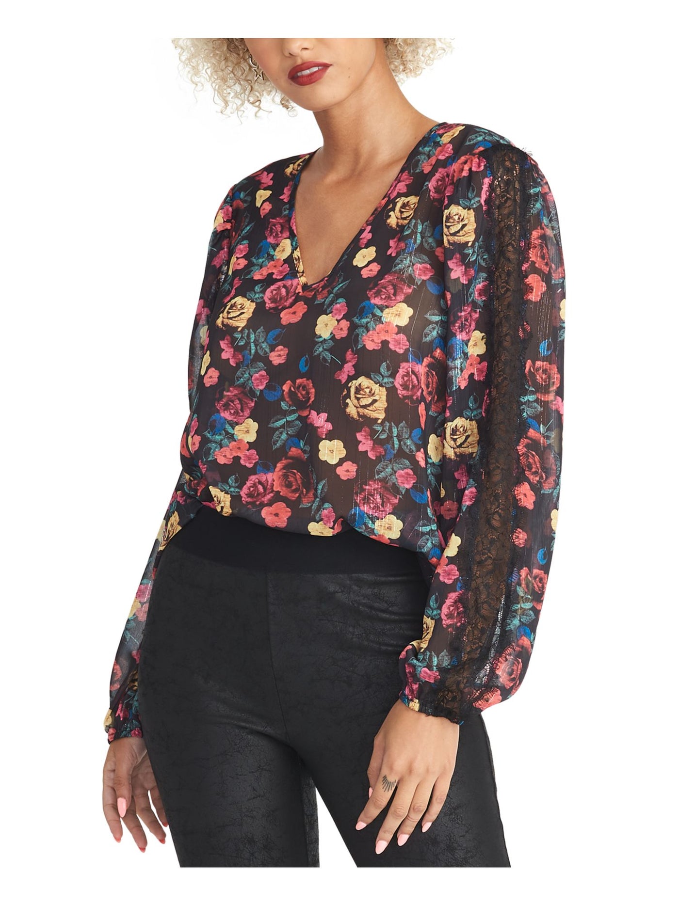 RACHEL ROY Womens Lace Long Sleeve V Neck Blouse