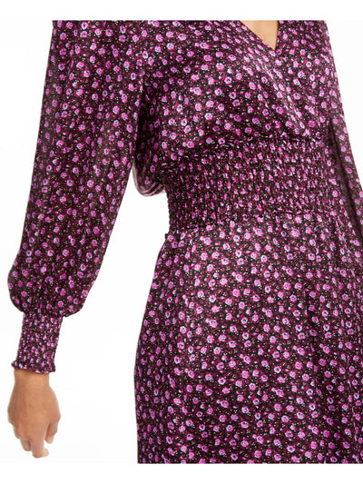 LEYDEN Womens Purple Floral Long Sleeve V Neck Short Fit + Flare Dress L