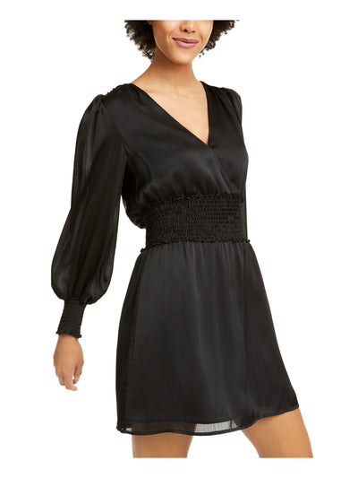LEYDEN Womens Black Satin Smocked Long Sleeve V Neck Short Cocktail Fit + Flare Dress Juniors M