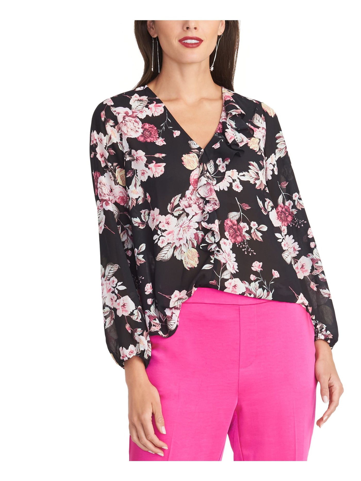 RACHEL ROY Womens Black Floral Long Sleeve V Neck Top M