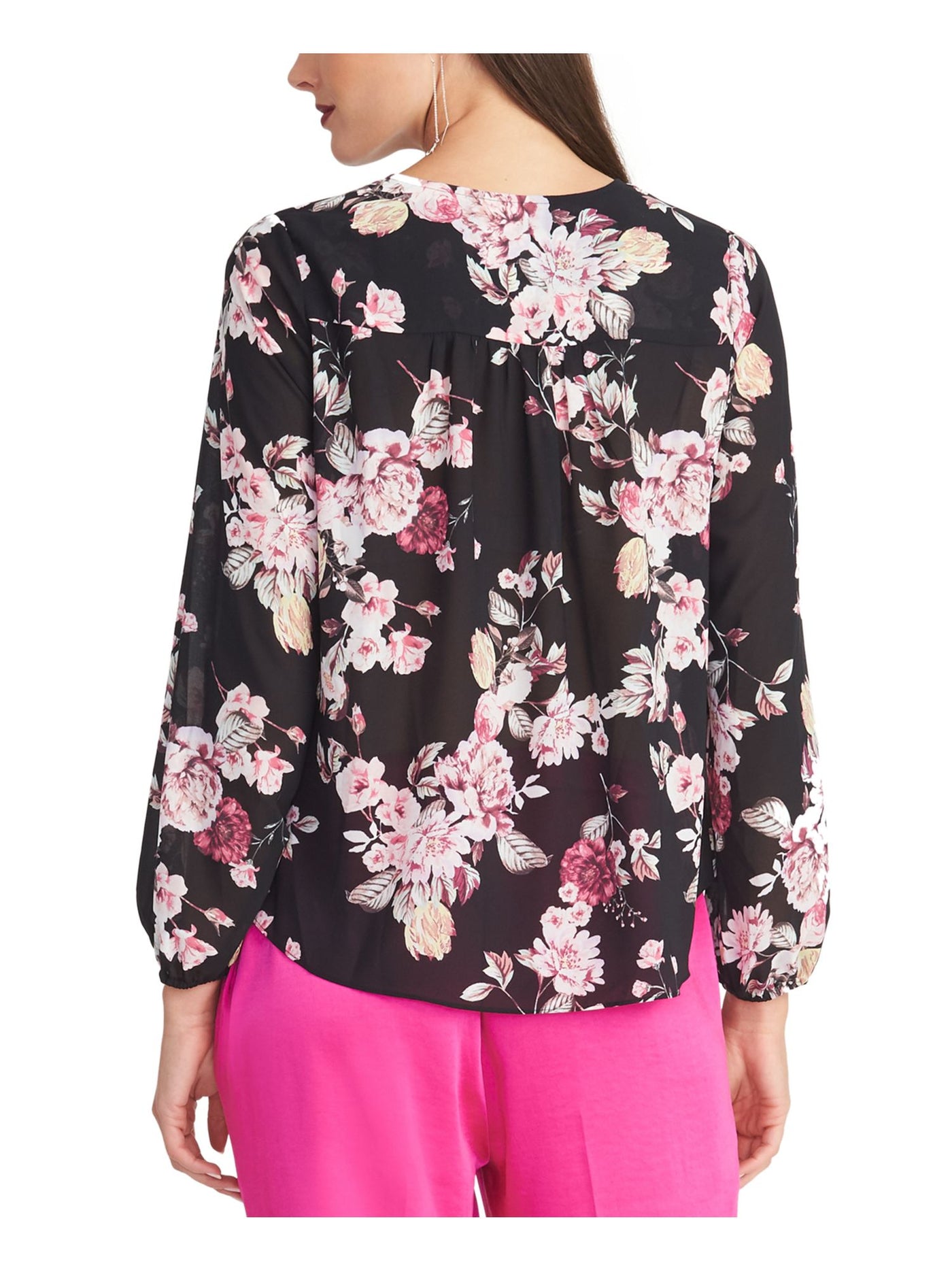 RACHEL ROY Womens Black Floral Long Sleeve V Neck Top M