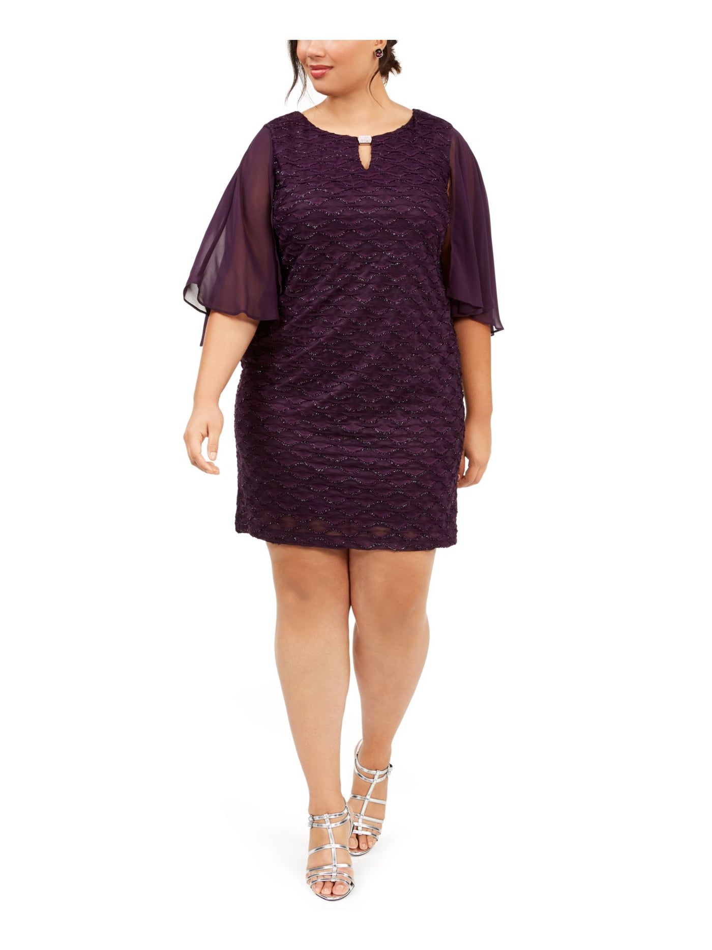 CONNECTED APPAREL Womens Purple Frayed Sheer Sleeves 3/4 Sleeve Keyhole Above The Knee Cocktail Sheath Dress Plus 18W