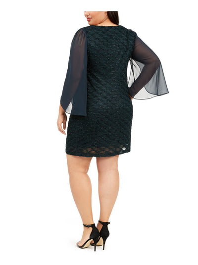 CONNECTED APPAREL Womens Green Textured Jacquard Tulip-sleeve Scoop Neck Above The Knee Evening Sheath Dress Plus 20W