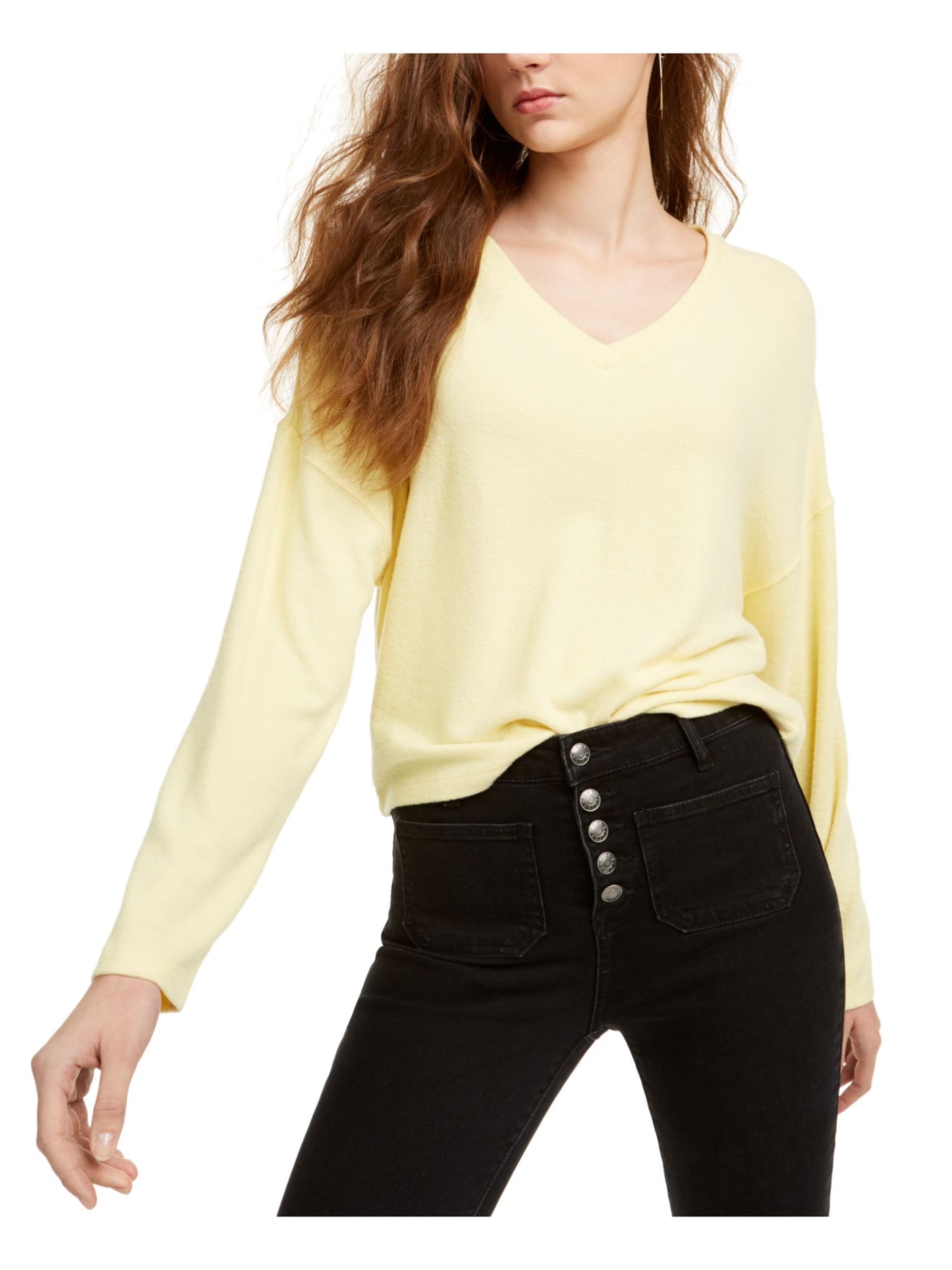 FRESHMAN FOREVER Womens Yellow Stretch Printed Long Sleeve V Neck Crop Top Juniors L