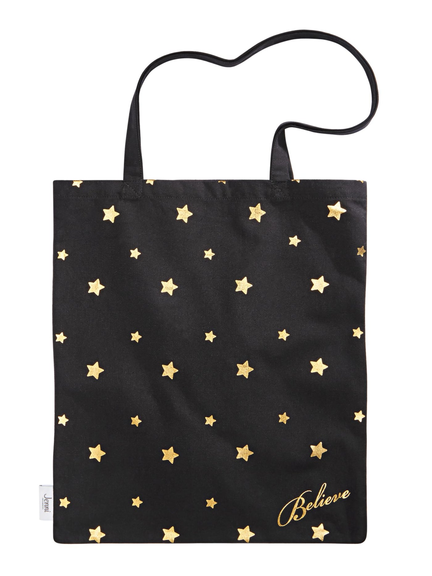 JENNI Women's Black Printed Polyester Gold Star Double Flat Strap Tote Handbag Purse