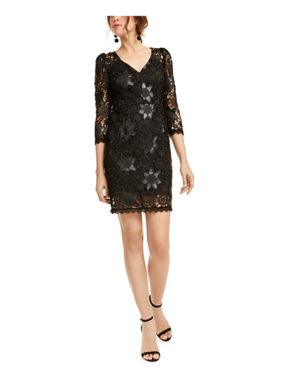 NANETTE LEPORE Womens Black Lace 3/4 Sleeve V Neck Short Evening Shift Dress 6