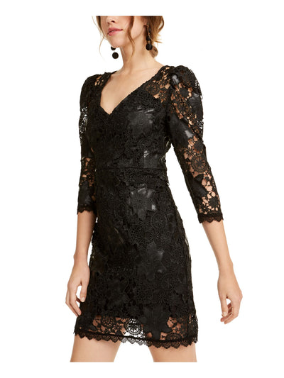 NANETTE LEPORE Womens Black Lace 3/4 Sleeve V Neck Short Evening Shift Dress 8