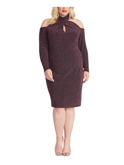 RACHEL ROY Womens Purple Glitter Cold Shoulder Long Sleeve Halter Below The Knee Formal Sheath Dress Plus 18W