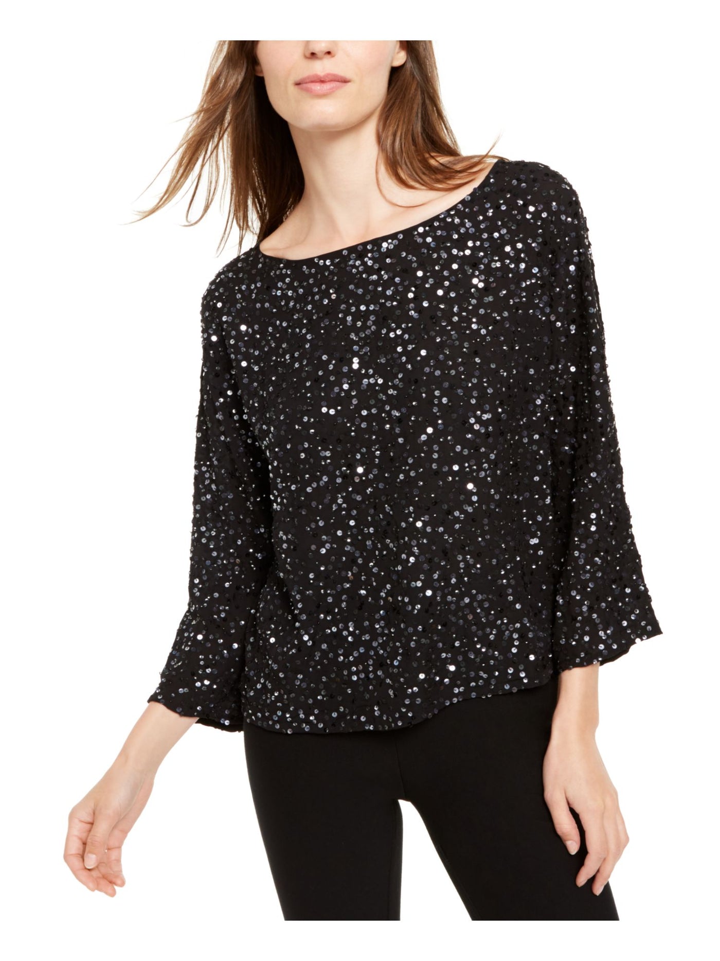 EILEEN FISHER Womens Black Silk Sequined Bell Sleeve Boat Neck Party Top S