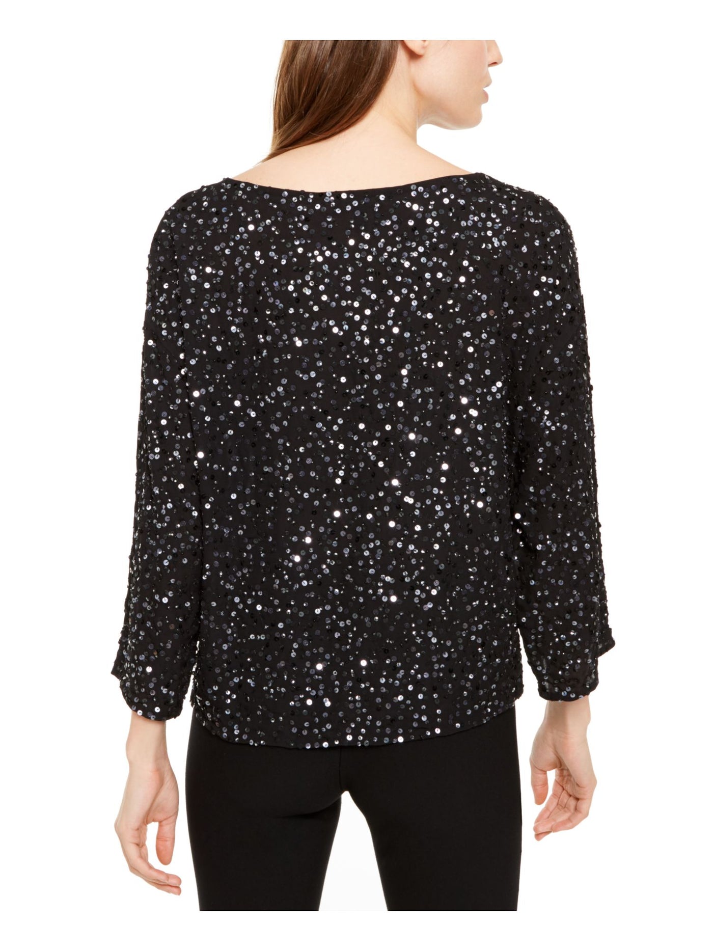 EILEEN FISHER Womens Black Silk Sequined Bell Sleeve Boat Neck Party Top S