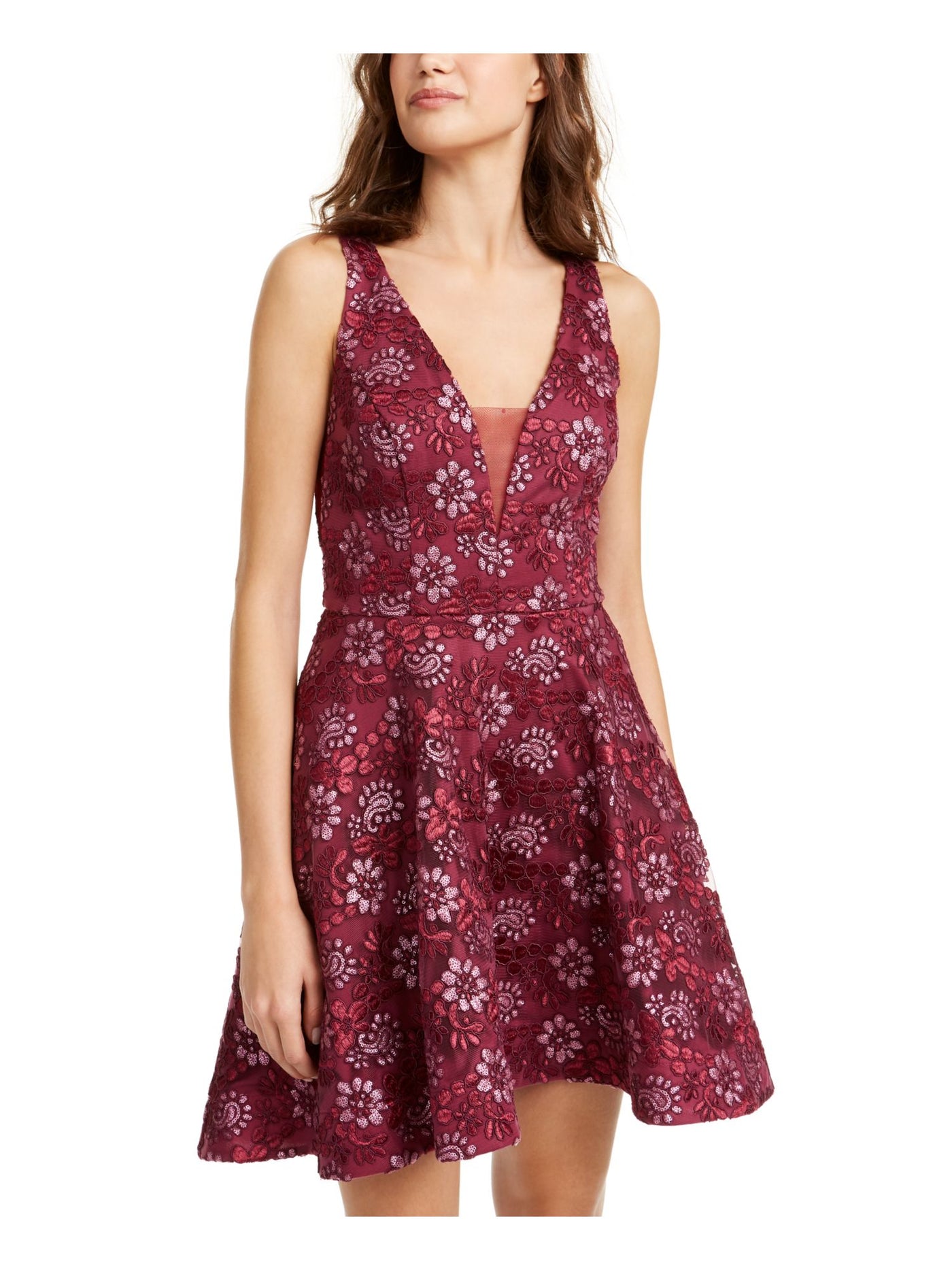 B DARLIN Womens Burgundy Embroidered Mesh Sleeveless V Neck Short Cocktail Fit + Flare Dress 5\6