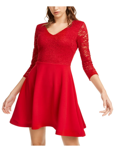 B DARLIN Womens Red Lace 3/4 Sleeve V Neck Short Party Blouson Dress 11\12