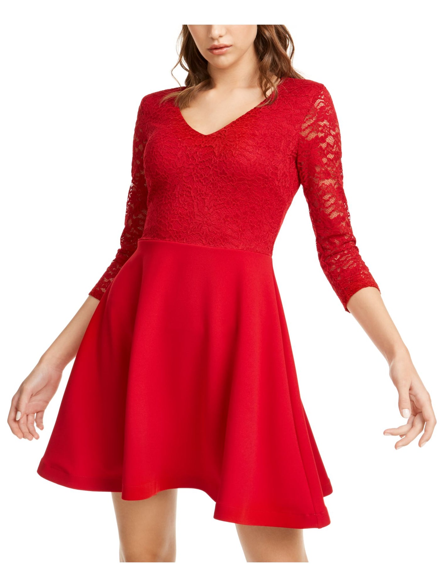 B DARLIN Womens Red Lace 3/4 Sleeve V Neck Short Party Blouson Dress 3\4