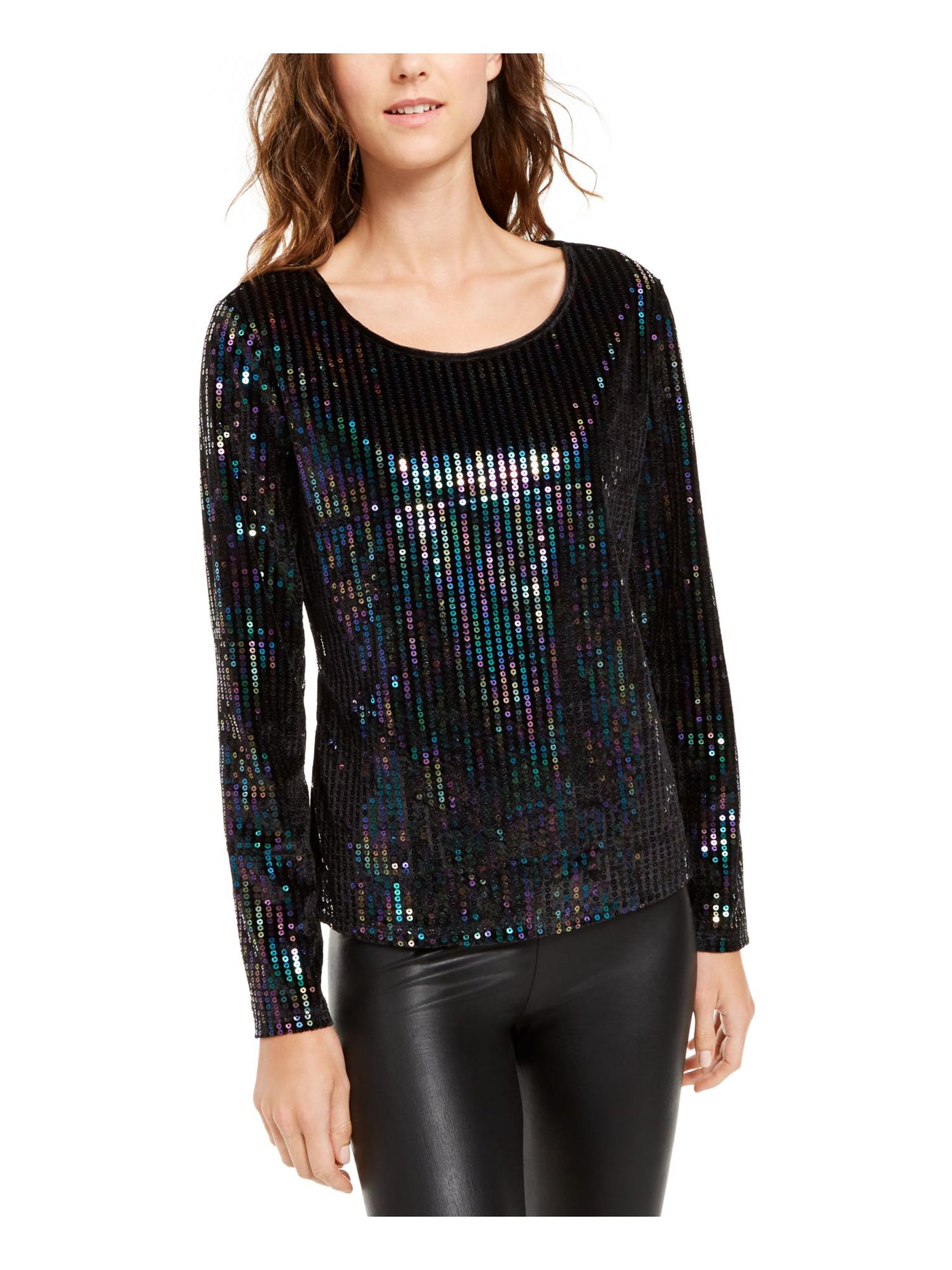 INC Womens Black Sequined Long Sleeve Scoop Neck Top XS