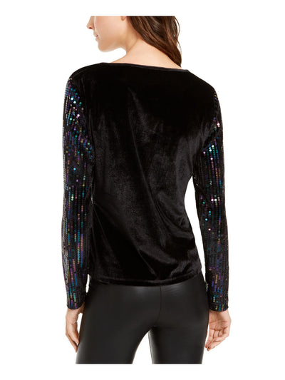 INC Womens Black Sequined Long Sleeve Scoop Neck Top XS