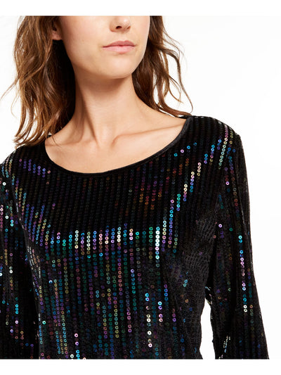 INC Womens Black Sequined Long Sleeve Scoop Neck Top XS