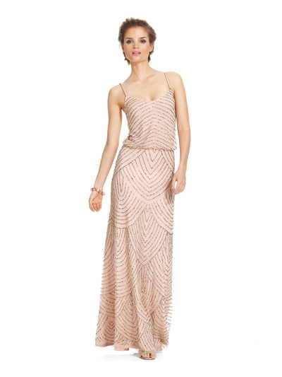 ADRIANNA PAPELL Womens Beige Beaded Gown Printed Spaghetti Strap Scoop Neck Full-Length Evening Blouson Dress Petites 14P