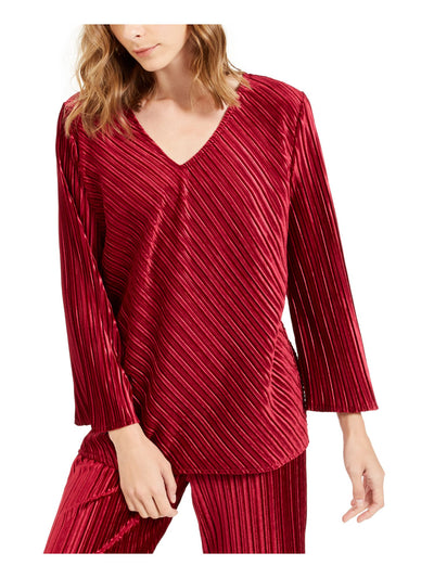 ALFANI Womens Burgundy Ribbed Long Sleeve V Neck Top S