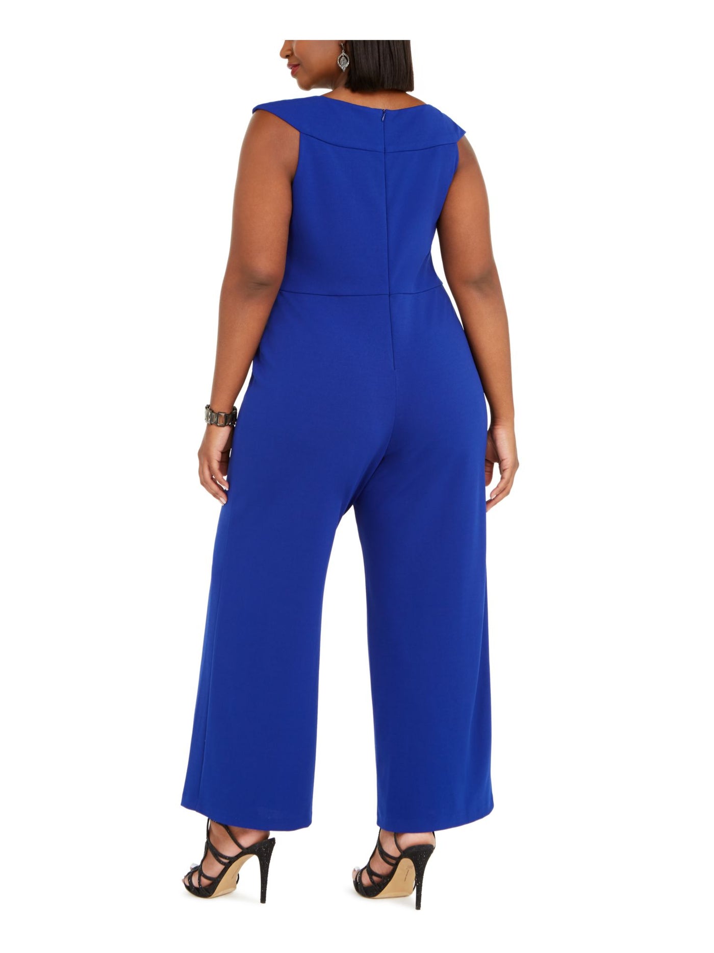 CONNECTED APPAREL Womens Blue Cap Sleeve Jewel Neck Evening Wide Leg Jumpsuit Plus 20W