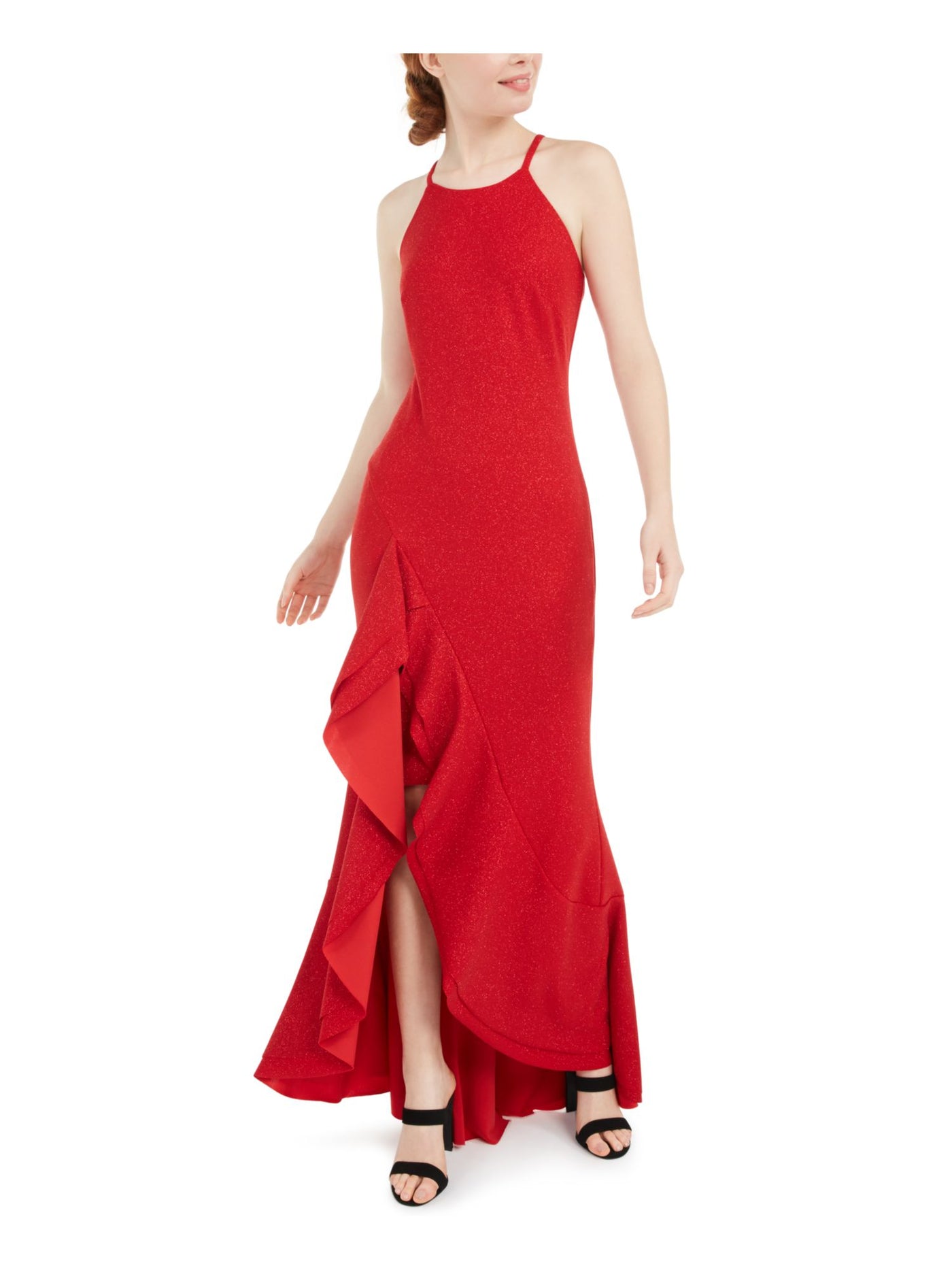 BEBE Womens Red Glitter Ruffled Spaghetti Strap Halter Full-Length Formal Hi-Lo Dress  1\2