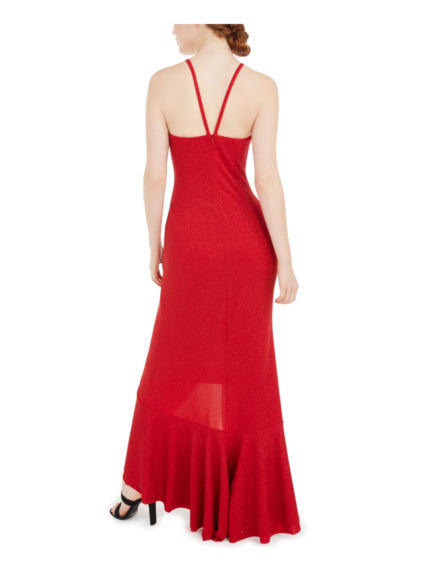 BEBE Womens Red Glitter Ruffled Spaghetti Strap Halter Full-Length Formal Hi-Lo Dress  1\2