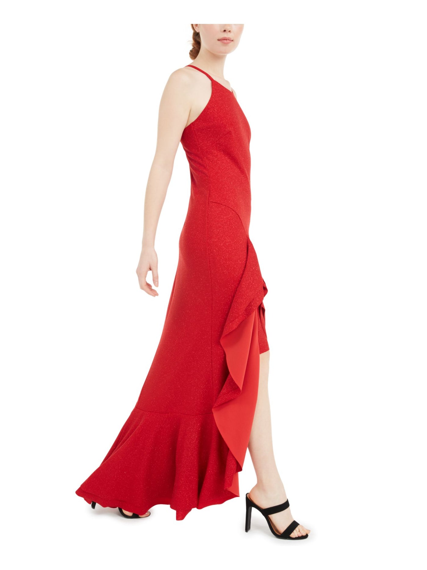 BEBE Womens Glitter Ruffled Spaghetti Strap Halter Full-Length Formal Hi-Lo Dress