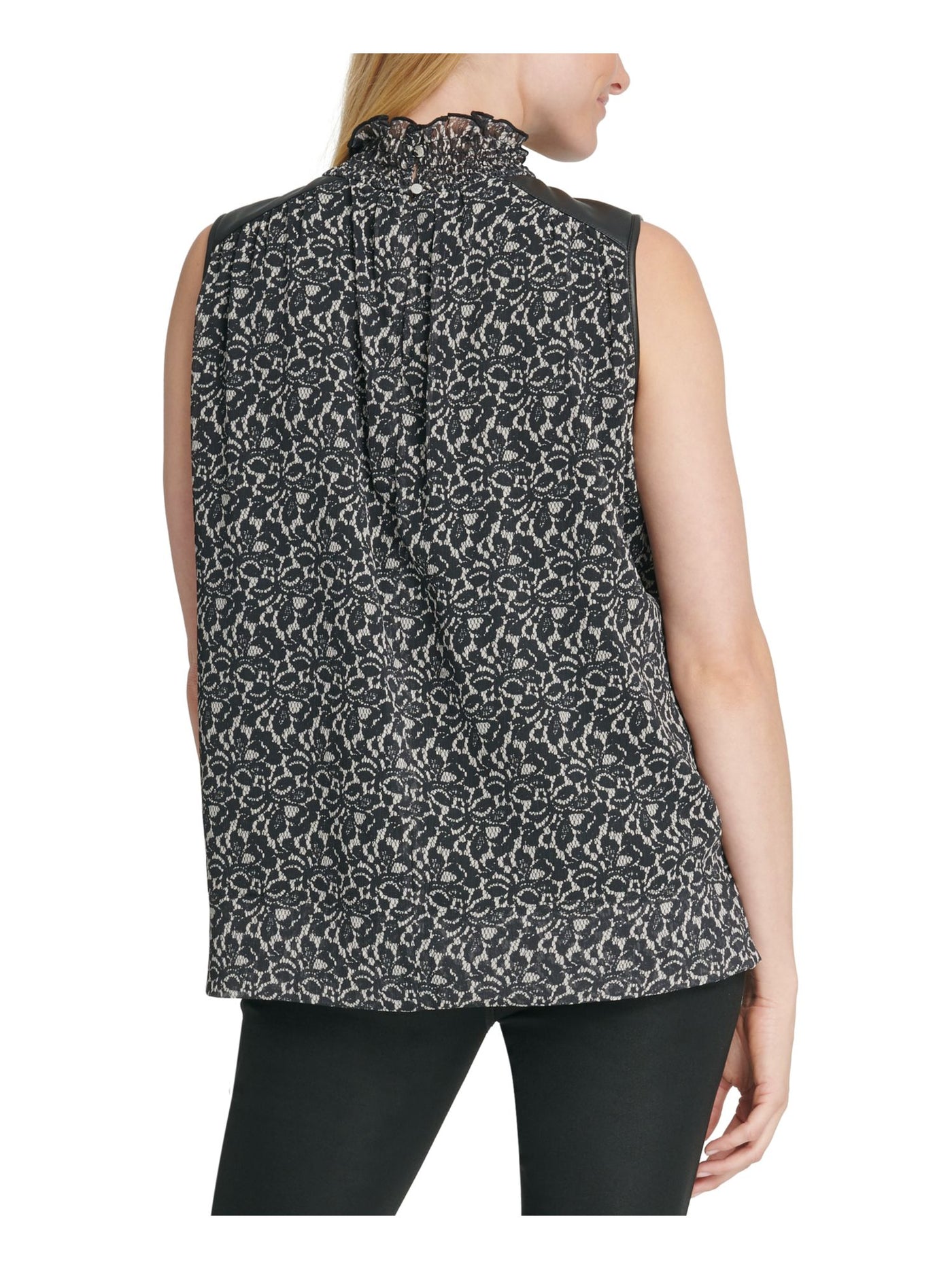DKNY Womens Black Printed Sleeveless Mandarin Collar Top XS