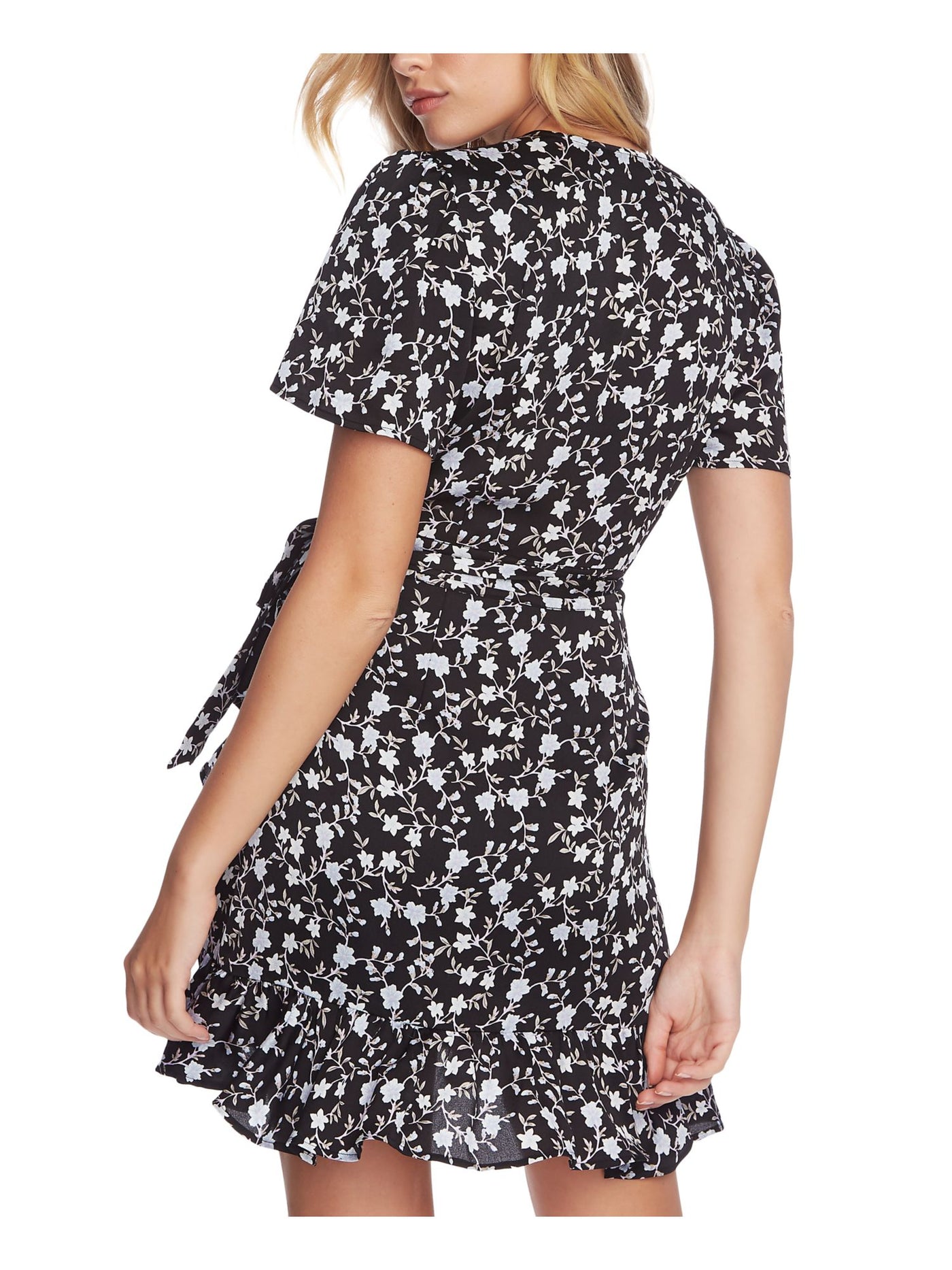 1. STATE Womens Black Floral Short Sleeve V Neck Short Fit + Flare Dress 8