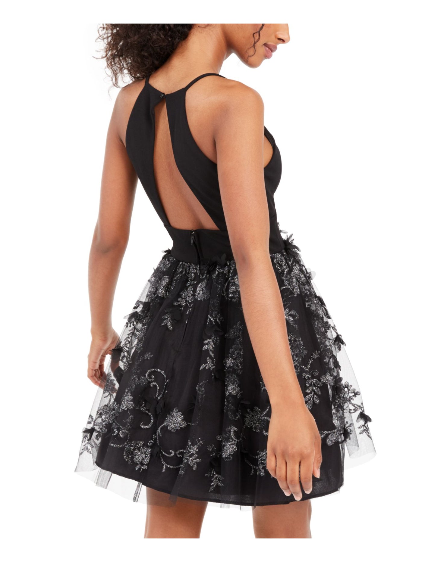 TRIXXI Womens Black Textured Floral Spaghetti Strap V Neck Short Evening Fit + Flare Dress Juniors 3