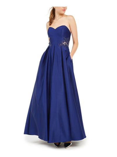 BLONDIE NITES Womens Blue Embellished Sleeveless Sweetheart Neckline Full-Length Prom Fit + Flare Dress Juniors 0