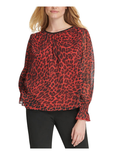 DKNY Womens Red Zippered Animal Print Long Sleeve Jewel Neck Blouse S