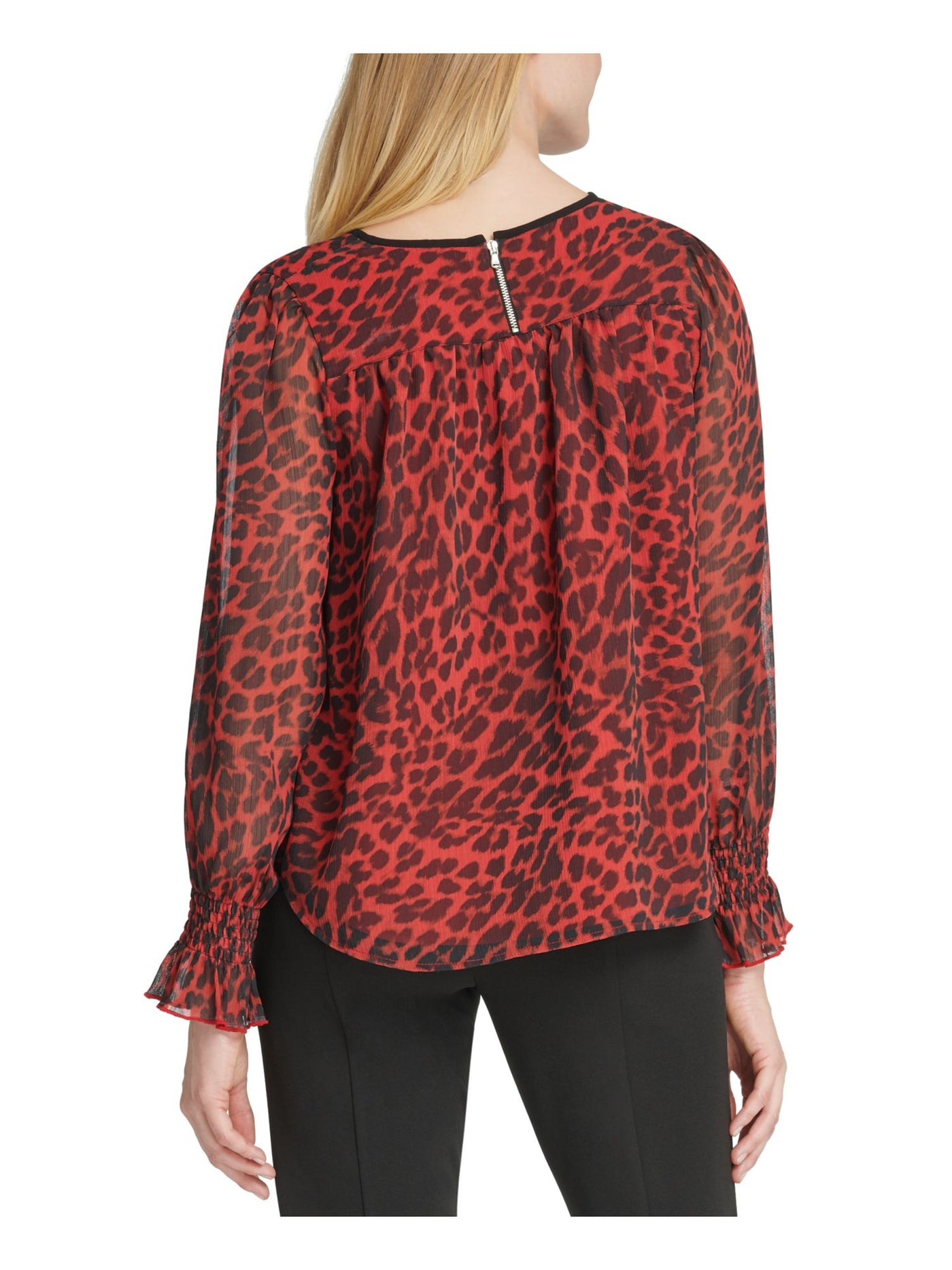 DKNY Womens Red Zippered Animal Print Long Sleeve Jewel Neck Blouse S