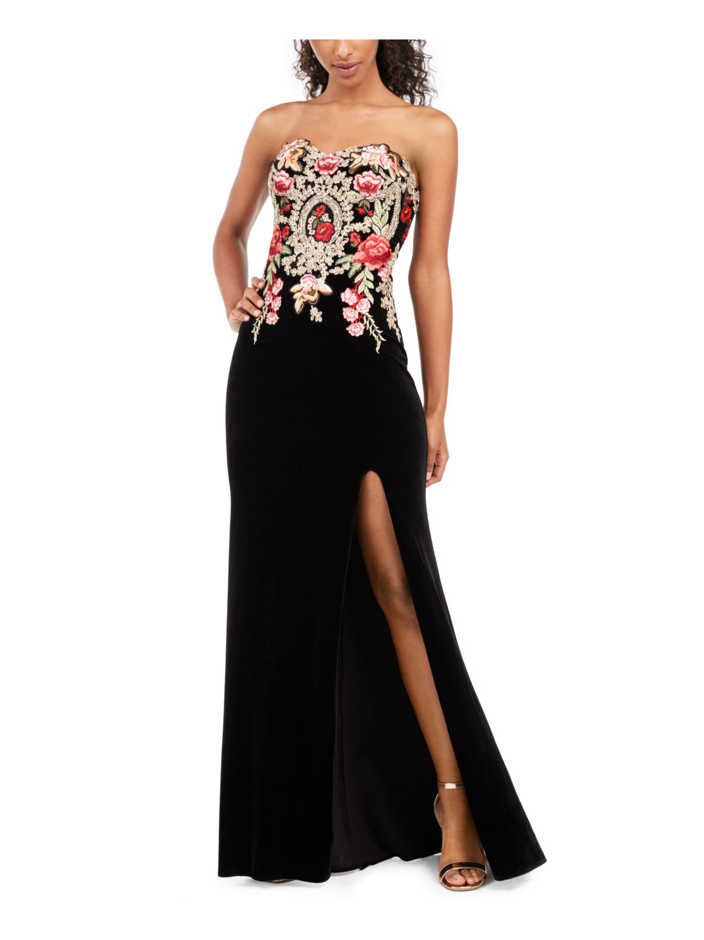 BLONDIE NITES Womens Black Embellished Flowers On The Top Sleeveless Strapless Full-Length Evening Fit + Flare Dress 1