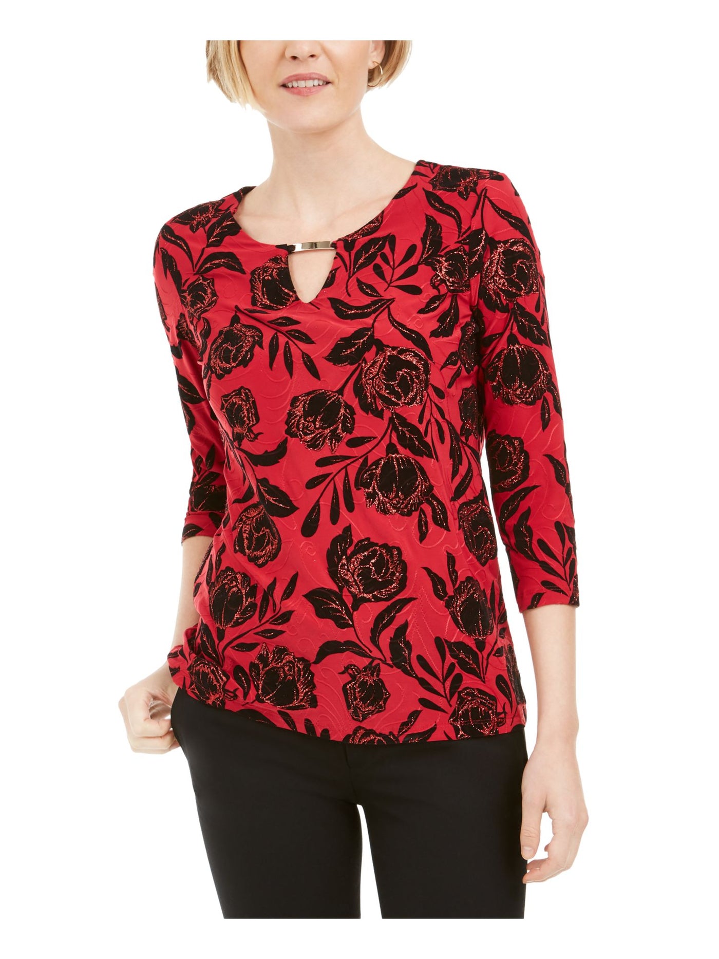 JM COLLECTION Womens Red Embellished Floral 3/4 Sleeve Keyhole Wear To Work Top XS