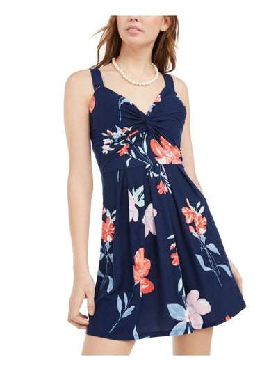 PLANET GOLD Womens Navy Stretch Twist Front Floral Sleeveless Sweetheart Neckline Short Party Fit + Flare Dress Juniors XS
