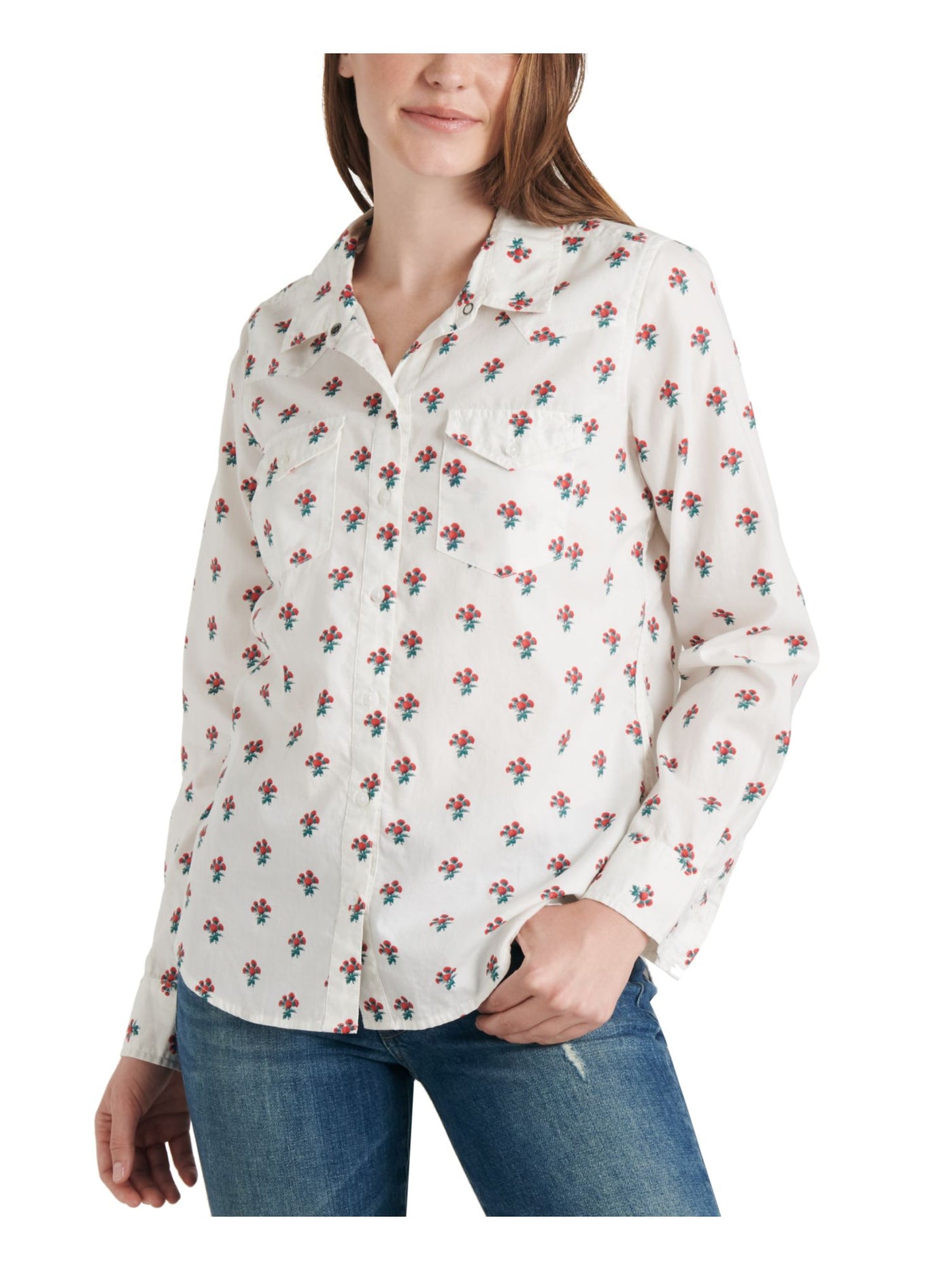 LUCKY BRAND Womens Red Floral Long Sleeve Collared Button Up Top XS