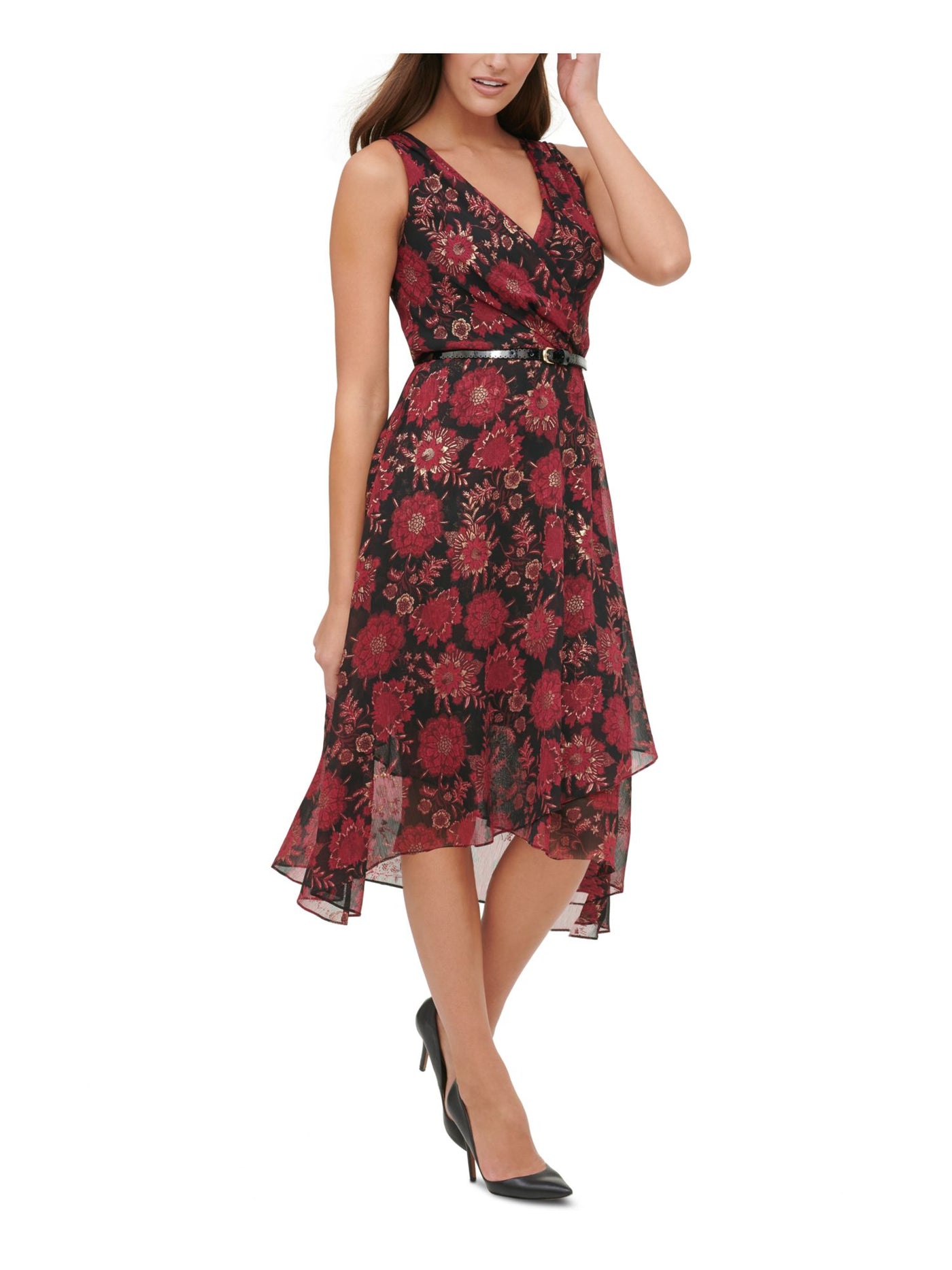 TOMMY HILFIGER Womens Burgundy Floral Sleeveless Midi Sheath Dress Size: 4