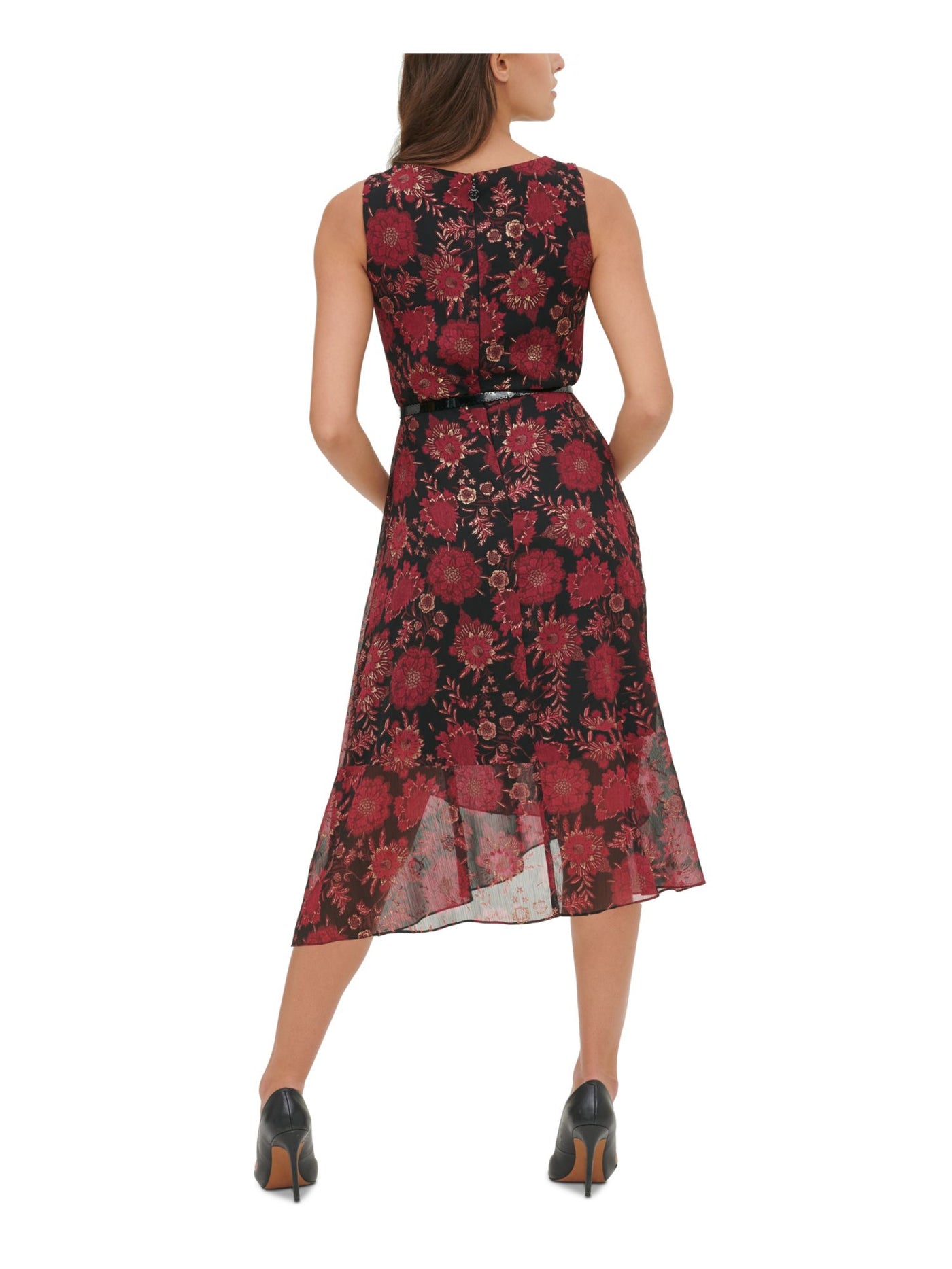 TOMMY HILFIGER Womens Burgundy Floral Sleeveless Midi Sheath Dress Size: 4