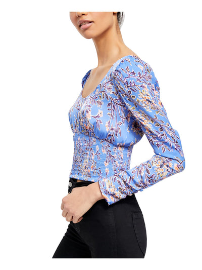 FREE PEOPLE Womens Blue Floral Long Sleeve Scoop Neck Top L